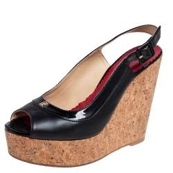 Pre Owned Carolina Herrera Black  Patent And Leather Cork Wedge Platform Peep Toe Slingback Sandals Size 37