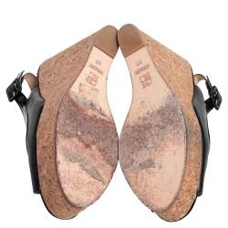 Pre Owned Carolina Herrera Black  Patent And Leather Cork Wedge Platform Peep Toe Slingback Sandals Size 37