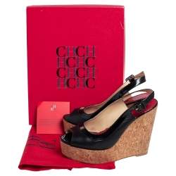 Pre Owned Carolina Herrera Black  Patent And Leather Cork Wedge Platform Peep Toe Slingback Sandals Size 37