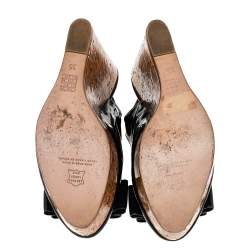 Pre Owned CH Carolina Herrera Black Patent Leather Cork Wedge Platform Slingback Sandals Size 35