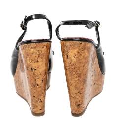 Pre Owned CH Carolina Herrera Black Patent Leather Cork Wedge Platform Slingback Sandals Size 35