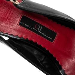 Pre Owned CH Carolina Herrera Black Patent Leather Cork Wedge Platform Slingback Sandals Size 35