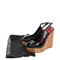 Pre Owned CH Carolina Herrera Black Patent Leather Cork Wedge Platform Slingback Sandals Size 35