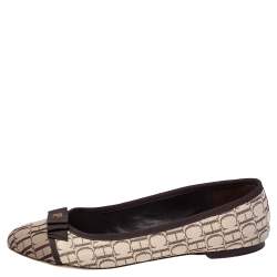 Pre Owned Carolina Herrera Brown/Beige Monogram Canvas Bow Cap Toe Ballet Flats Size 39