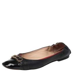 Pre Owned Carolina Herrera Black Leather Cut Out Initials Scrunch Ballet Flats Size 40