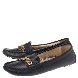 CH Carolina Herrera Black Leather Logo Charm Detail Slip On Loafers Size 39
