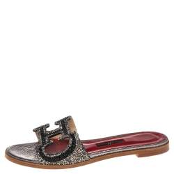 Pre Owned Carolina Herrera Multicolor Crystal Embellished CH Insignia Cutout Slide Flats Size 38