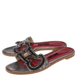 Pre Owned Carolina Herrera Multicolor Crystal Embellished CH Insignia Cutout Slide Flats Size 38