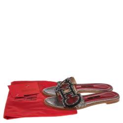 Pre Owned Carolina Herrera Multicolor Crystal Embellished CH Insignia Cutout Slide Flats Size 38