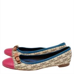 Pre Owned Carolina Herrera Multicolor Monogram Canvas And Leather Cap Toe Bow Ballet Flats Size 38