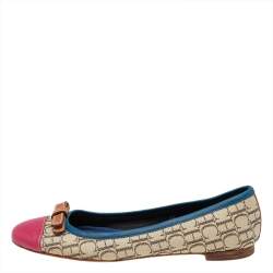 Pre Owned Carolina Herrera Multicolor Monogram Canvas And Leather Cap Toe Bow Ballet Flats Size 38