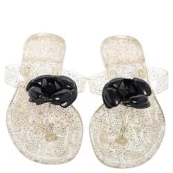 Carolina Herrera Black/Transparent Jelly Camellia Thong Sandals Size 39