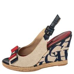 Pre Owned Carolina Herrera Beige Canvas Wedge Platform Espadrille Slingback Sandals Size 37