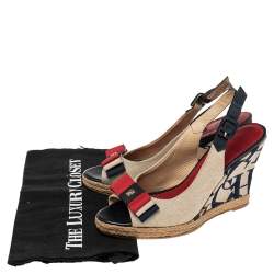 Pre Owned Carolina Herrera Beige Canvas Wedge Platform Espadrille Slingback Sandals Size 37