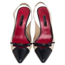 Carolina Herrera Beige/Black Leather Bow Pointed Toe Slingback Pumps Size 39