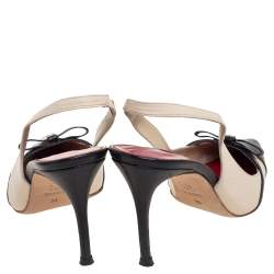 Carolina Herrera Beige/Black Leather Bow Pointed Toe Slingback Pumps Size 39