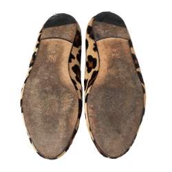 Pre Owned Carolina Herrera Beige/Brown Leopard Print Pony Hair Smoking Flats Size 40