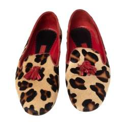 Pre Owned Carolina Herrera Beige/Brown Leopard Print Pony Hair Smoking Flats Size 40