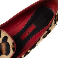 Pre Owned Carolina Herrera Beige/Brown Leopard Print Pony Hair Smoking Flats Size 40