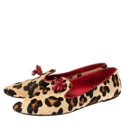 Pre Owned Carolina Herrera Beige/Brown Leopard Print Pony Hair Smoking Flats Size 40