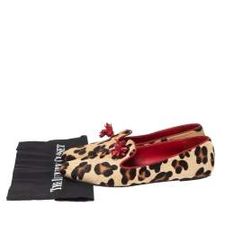 Pre Owned Carolina Herrera Beige/Brown Leopard Print Pony Hair Smoking Flats Size 40