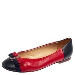 Pre Owned Carolina Herrera Blue/Red Leather Bow Ballet Flats Size 39