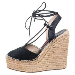 Pre Owned Carolina Herrera Black Suede And Leather Criss Cross Wedge Espadrille Ankle Strap Sandals Size 40
