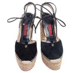 Pre Owned Carolina Herrera Black Suede And Leather Criss Cross Wedge Espadrille Ankle Strap Sandals Size 40