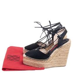 Pre Owned Carolina Herrera Black Suede And Leather Criss Cross Wedge Espadrille Ankle Strap Sandals Size 40
