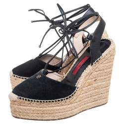 Pre Owned Carolina Herrera Black Suede And Leather Criss Cross Wedge Espadrille Ankle Strap Sandals Size 40