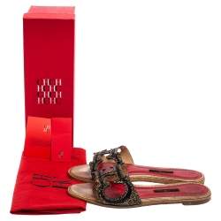 Pre Owned Carolina Herrera Multicolor Crystal Embellished CH Insignia Cutout Slide Flats Size 39