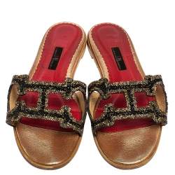Pre Owned Carolina Herrera Multicolor Crystal Embellished CH Insignia Cutout Slide Flats Size 39