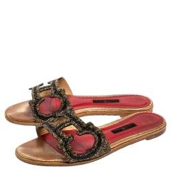 Pre Owned Carolina Herrera Multicolor Crystal Embellished CH Insignia Cutout Slide Flats Size 39