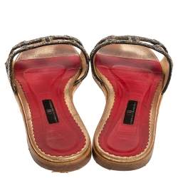 Pre Owned Carolina Herrera Multicolor Crystal Embellished CH Insignia Cutout Slide Flats Size 39