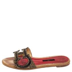 Pre Owned Carolina Herrera Multicolor Crystal Embellished CH Insignia Cutout Slide Flats Size 39