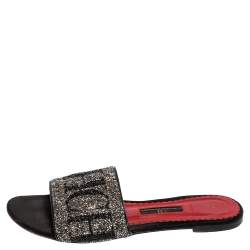 Carolina Herrera Black Leather Crystal Embellished  Slides Sandals Size 38