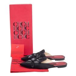 Pre Owned Carolina Herrera Black Satin  Embellished Mule Sandals Size 38