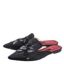 Pre Owned Carolina Herrera Black Satin  Embellished Mule Sandals Size 38