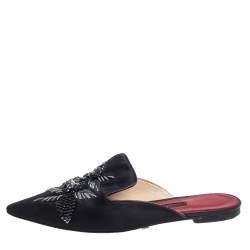 Pre Owned Carolina Herrera Black Satin  Embellished Mule Sandals Size 38