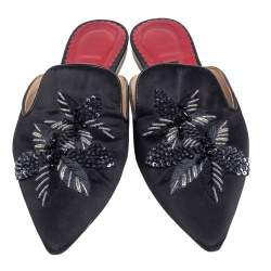 Pre Owned Carolina Herrera Black Satin  Embellished Mule Sandals Size 38
