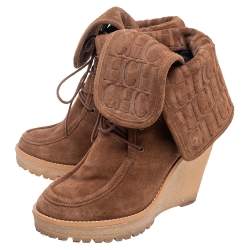 مملوكة مسبقًا Carolina Herrera Brown Suede Platform Wedge Mid Calf Lace Up Boots Size 37