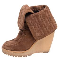 مملوكة مسبقًا Carolina Herrera Brown Suede Platform Wedge Mid Calf Lace Up Boots Size 37