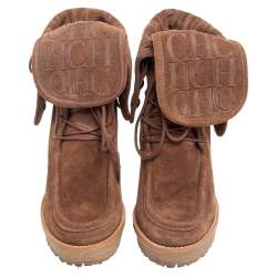 مملوكة مسبقًا Carolina Herrera Brown Suede Platform Wedge Mid Calf Lace Up Boots Size 37
