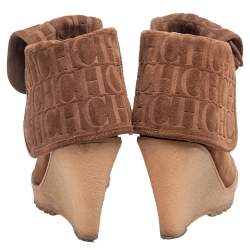 مملوكة مسبقًا Carolina Herrera Brown Suede Platform Wedge Mid Calf Lace Up Boots Size 37