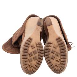 مملوكة مسبقًا Carolina Herrera Brown Suede Platform Wedge Mid Calf Lace Up Boots Size 37