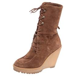 مملوكة مسبقًا Carolina Herrera Brown Suede Platform Wedge Mid Calf Lace Up Boots Size 37