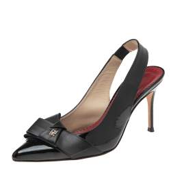 Pre Owned Carolina Herrera Black Patent Leather and Leather Bow Detail Slingback Pumps Size 38
