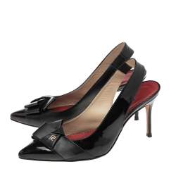 Pre Owned Carolina Herrera Black Patent Leather and Leather Bow Detail Slingback Pumps Size 38