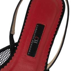 Pre Owned Carolina Herrera Black Fishnet And Mesh Logo Pointed Toe Slingback Flats Size 37