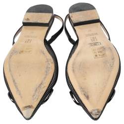 Pre Owned Carolina Herrera Black Fishnet And Mesh Logo Pointed Toe Slingback Flats Size 37